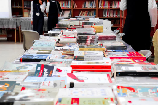 School book fair with a table full of books