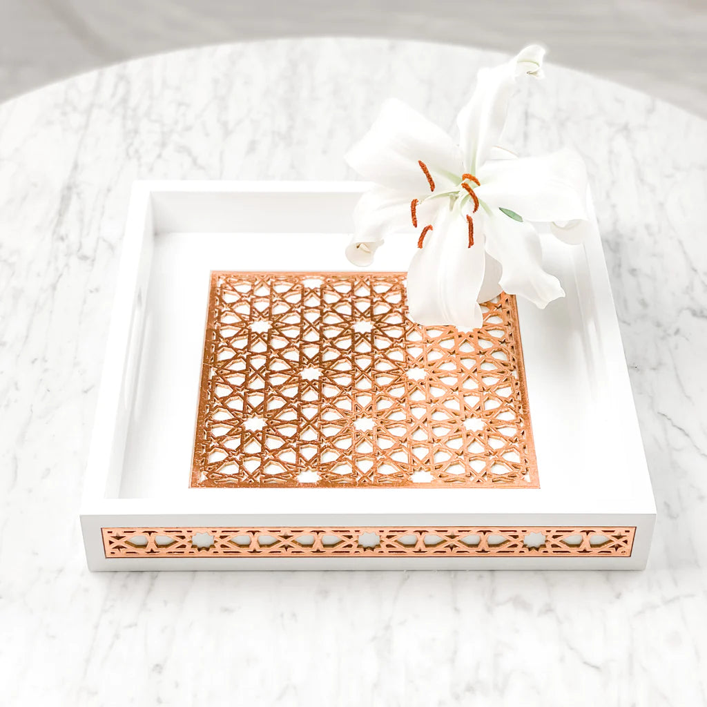Zaina Laser cut trays (12x12inches) - White and Rose Gold
